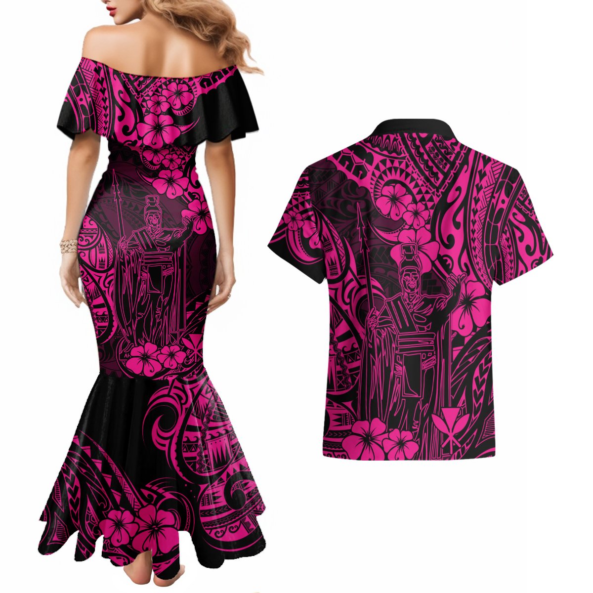 Hawaii King Kamehameha Couples Matching Mermaid Dress and Hawaiian Shirt Polynesian Pattern Pink Version LT01 - Polynesian Pride