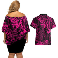 Hawaii King Kamehameha Couples Matching Off Shoulder Short Dress and Hawaiian Shirt Polynesian Pattern Pink Version LT01 - Polynesian Pride
