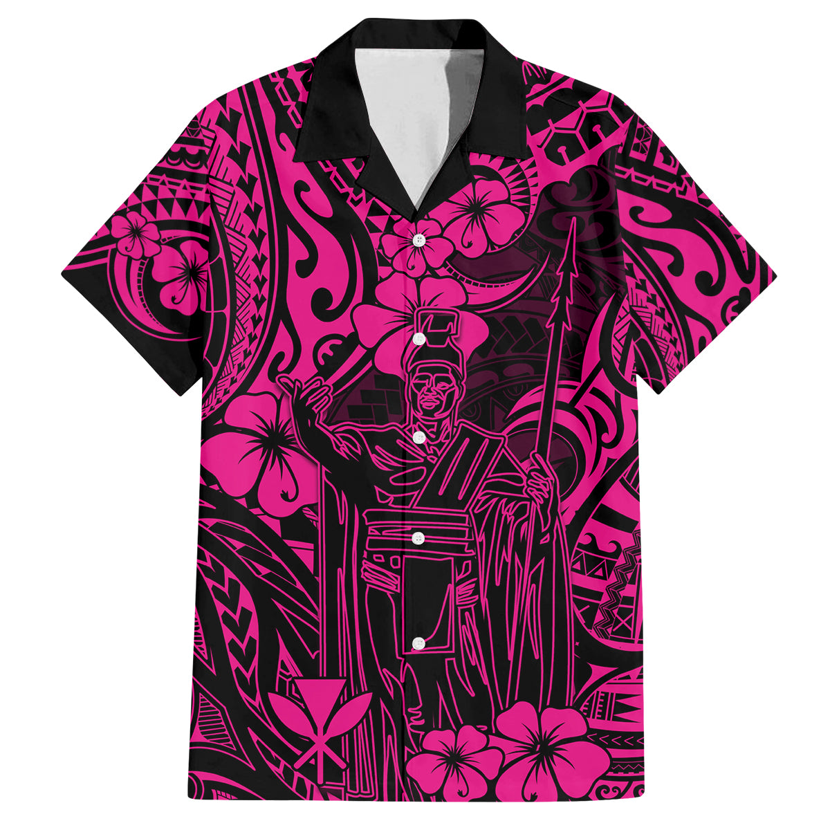 Hawaii King Kamehameha Family Matching Off Shoulder Long Sleeve Dress and Hawaiian Shirt Polynesian Pattern Pink Version LT01 Dad's Shirt - Short Sleeve Pink - Polynesian Pride