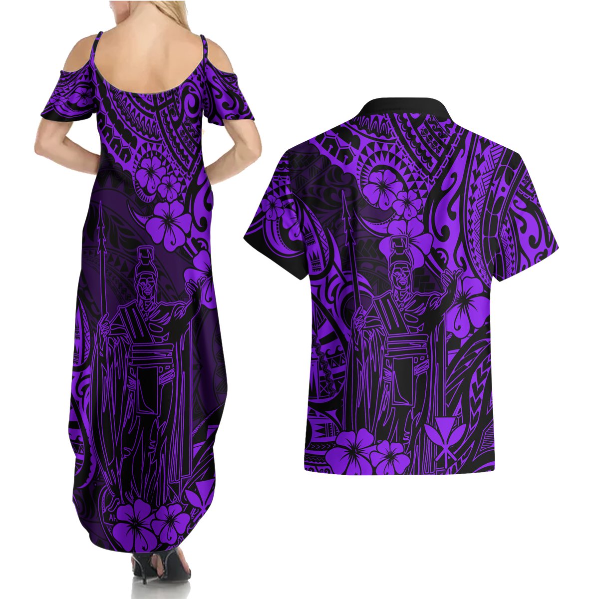 Hawaii King Kamehameha Couples Matching Summer Maxi Dress and Hawaiian Shirt Polynesian Pattern Purple Version LT01 - Polynesian Pride