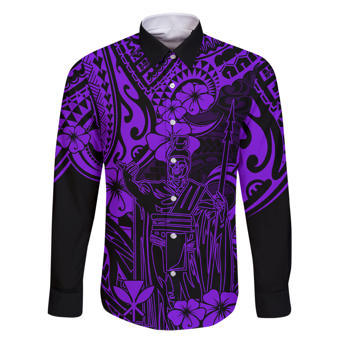 Hawaii King Kamehameha Family Matching Off Shoulder Short Dress and Hawaiian Shirt Polynesian Pattern Purple Version LT01 Dad's Shirt - Long Sleeve Purple - Polynesian Pride