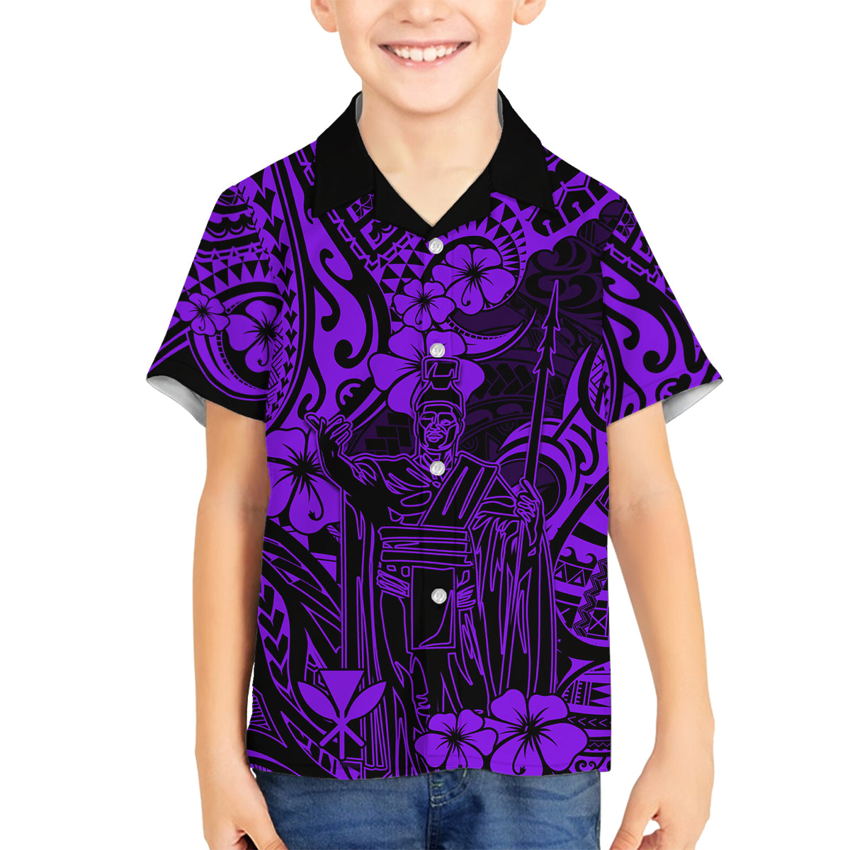 Hawaii King Kamehameha Family Matching Puletasi Dress and Hawaiian Shirt Polynesian Pattern Purple Version LT01 Son's Shirt Purple - Polynesian Pride