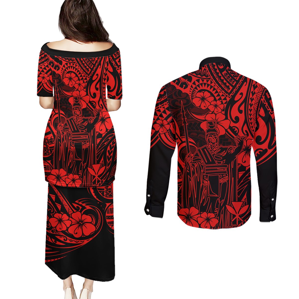 Hawaii King Kamehameha Couples Matching Puletasi Dress and Long Sleeve Button Shirts Polynesian Pattern Red Version LT01 - Polynesian Pride