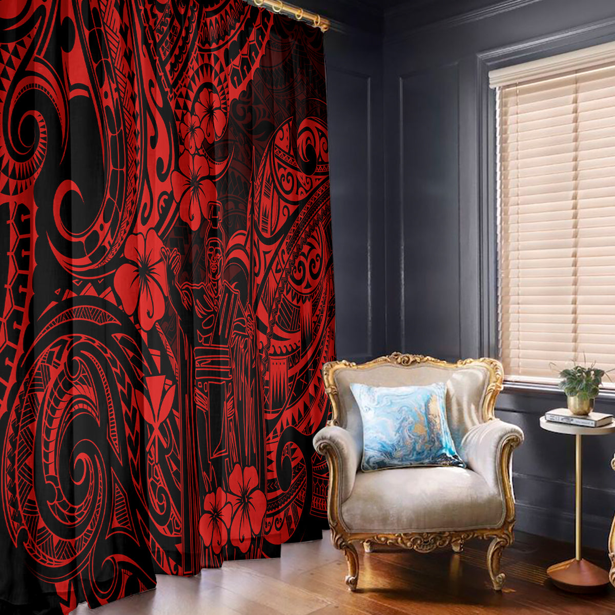 Hawaii King Kamehameha Window Curtain Polynesian Pattern Red Version LT01 With Hooks Red - Polynesian Pride