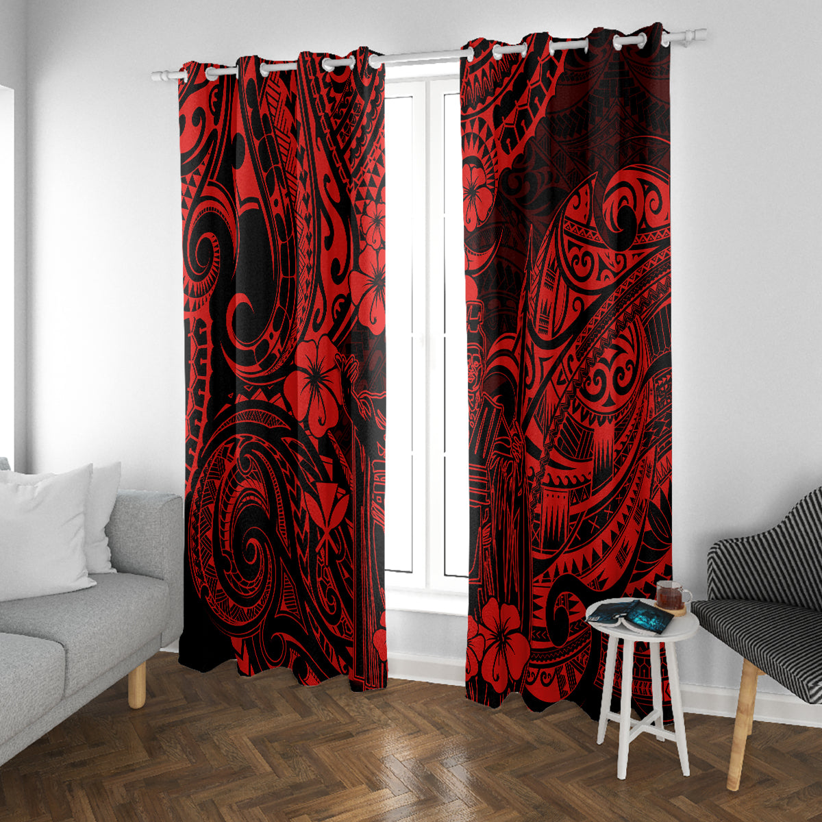 Hawaii King Kamehameha Window Curtain Polynesian Pattern Red Version LT01 With Grommets Red - Polynesian Pride
