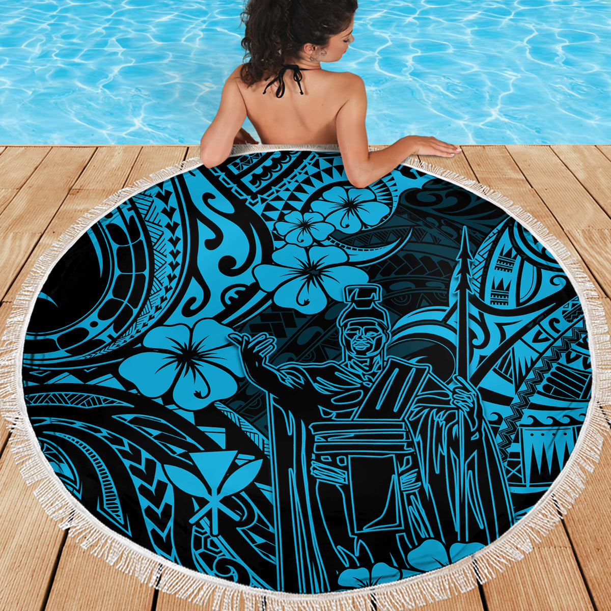 Hawaii King Kamehameha Beach Blanket Polynesian Pattern Sky Blue Version LT01 - Wonder Print Shop