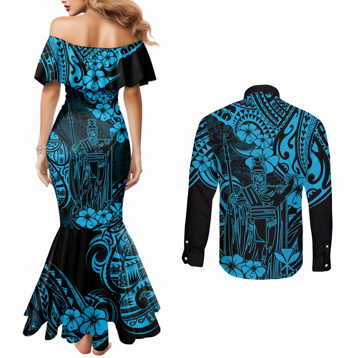 Hawaii King Kamehameha Couples Matching Mermaid Dress and Long Sleeve Button Shirts Polynesian Pattern Sky Blue Version LT01 - Polynesian Pride