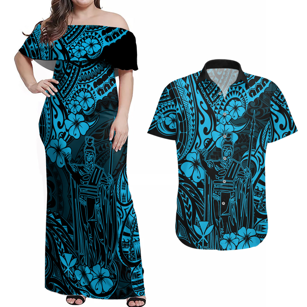 Hawaii King Kamehameha Couples Matching Off Shoulder Maxi Dress and Hawaiian Shirt Polynesian Pattern Sky Blue Version LT01 Blue - Polynesian Pride