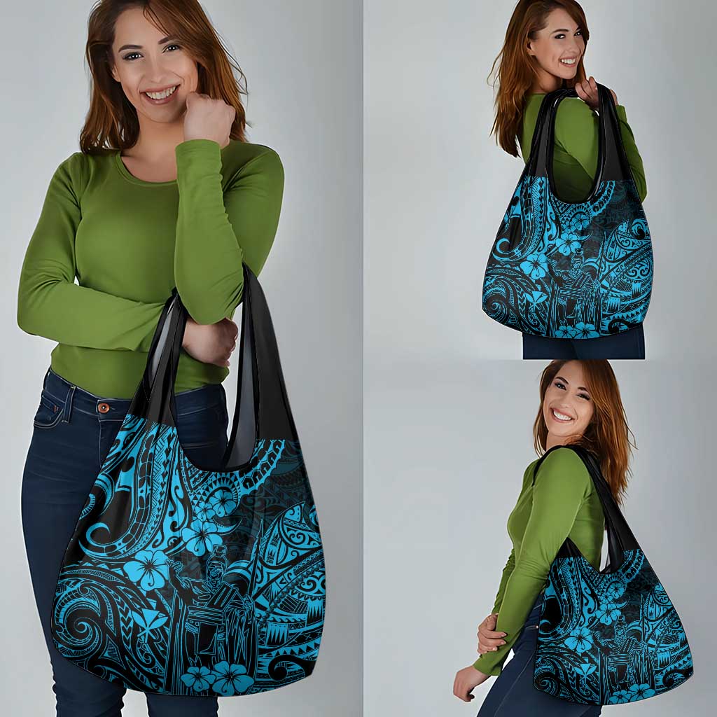 Hawaii King Kamehameha Grocery Bag Polynesian Pattern Sky Blue Version