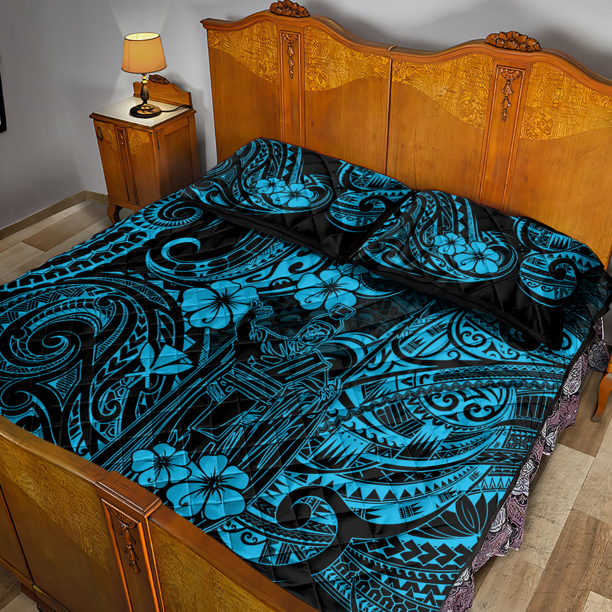 Hawaii King Kamehameha Quilt Bed Set Polynesian Pattern Sky Blue Version LT01 - Polynesian Pride