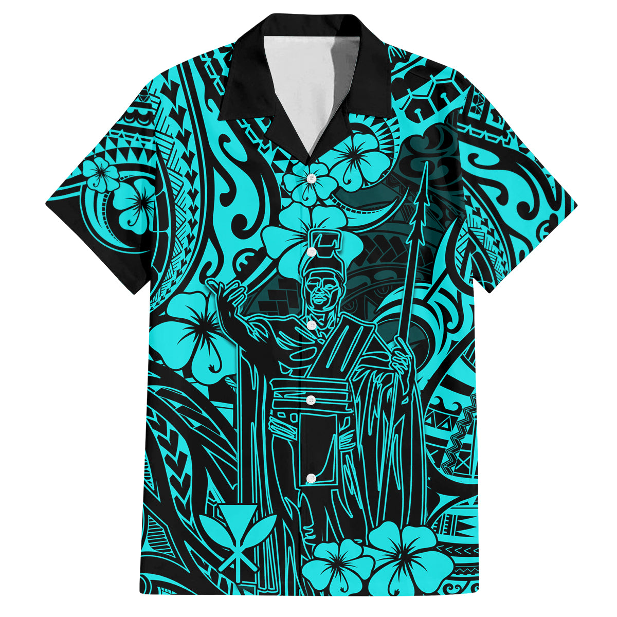 Hawaii King Kamehameha Family Matching Long Sleeve Bodycon Dress and Hawaiian Shirt Polynesian Pattern Turquoise Version LT01 Dad's Shirt - Short Sleeve Turquoise - Polynesian Pride