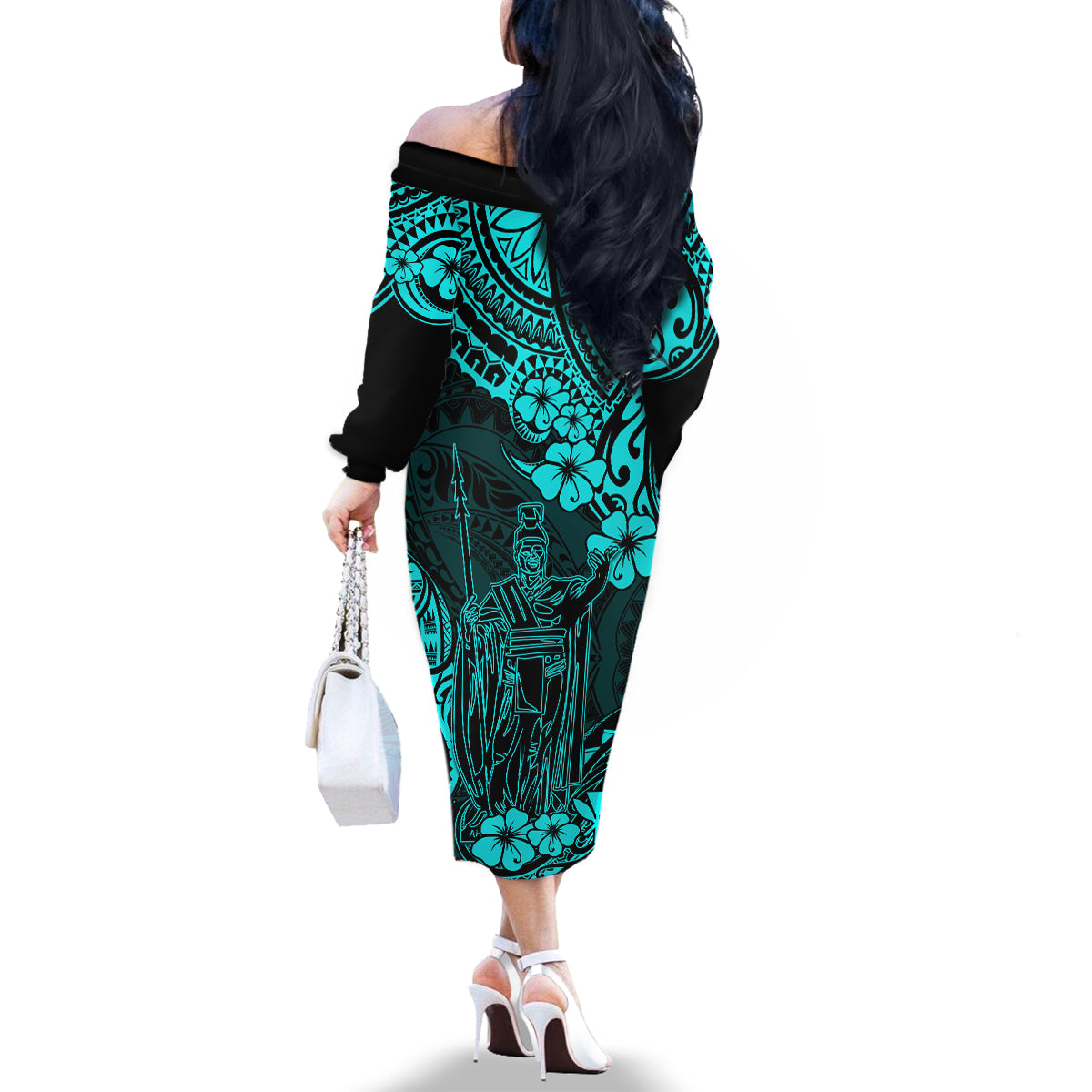 Hawaii King Kamehameha Family Matching Off Shoulder Long Sleeve Dress and Hawaiian Shirt Polynesian Pattern Turquoise Version LT01 - Polynesian Pride