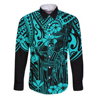 Hawaii King Kamehameha Family Matching Off Shoulder Maxi Dress and Hawaiian Shirt Polynesian Pattern Turquoise Version LT01 Dad's Shirt - Long Sleeve Turquoise - Polynesian Pride