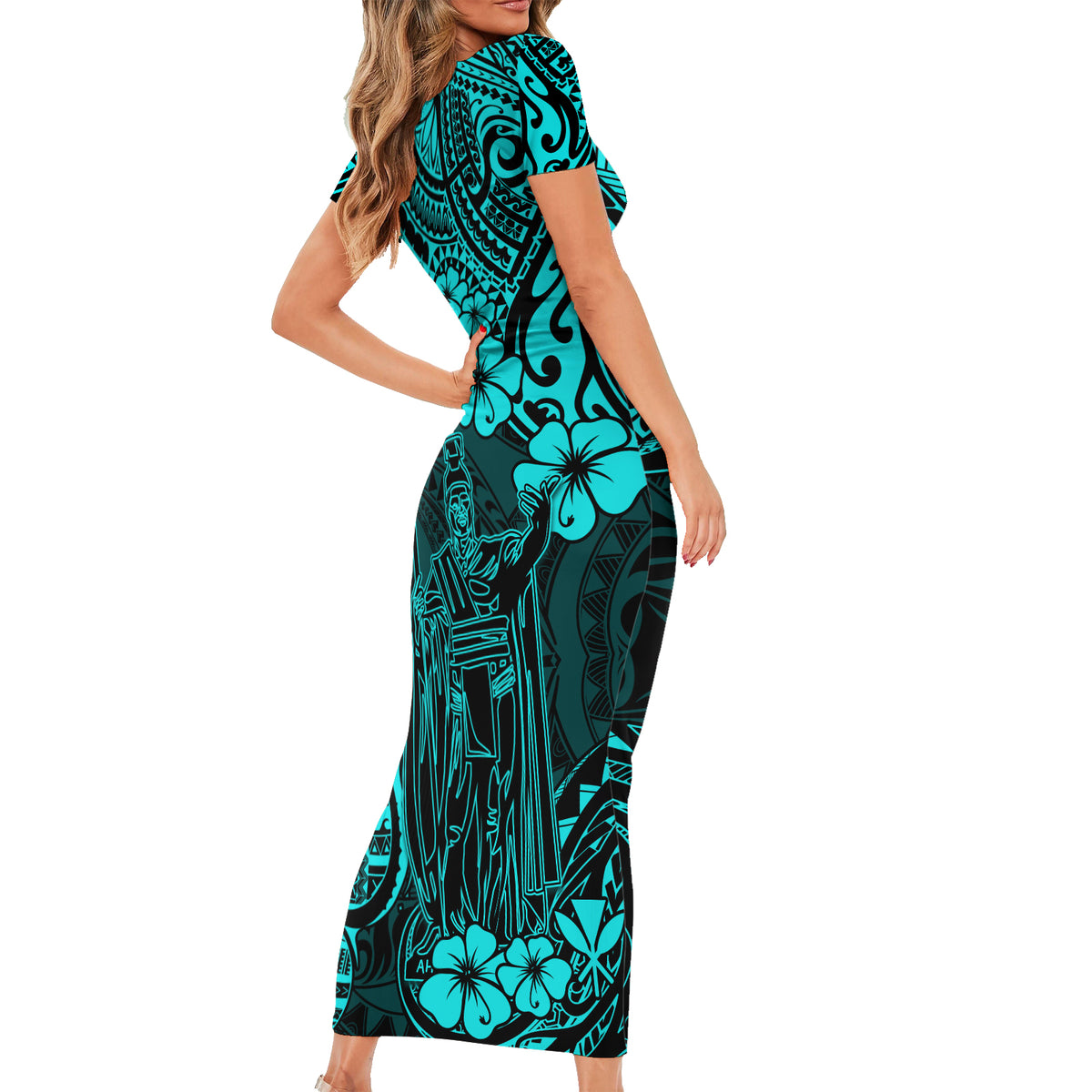Hawaii King Kamehameha Family Matching Short Sleeve Bodycon Dress and Hawaiian Shirt Polynesian Pattern Turquoise Version LT01 - Polynesian Pride