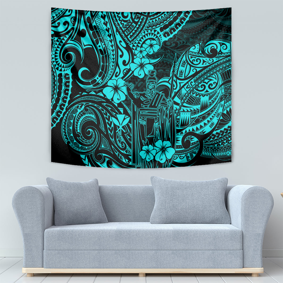 Hawaii King Kamehameha Tapestry Polynesian Pattern Turquoise Version LT01 - Polynesian Pride
