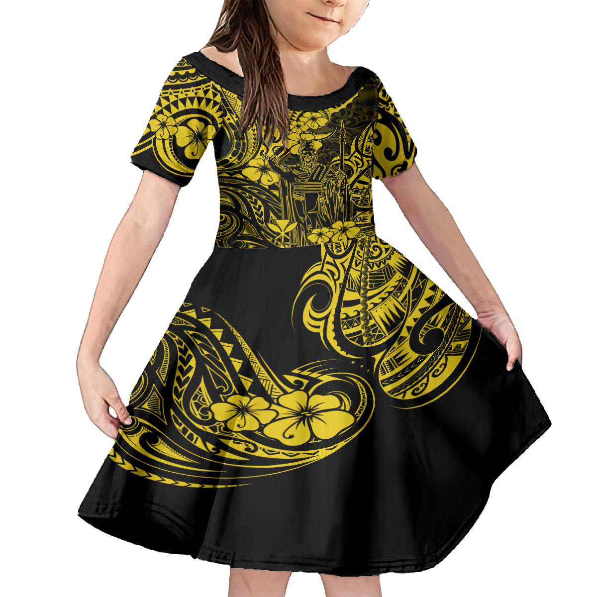 Hawaii King Kamehameha Family Matching Off Shoulder Long Sleeve Dress and Hawaiian Shirt Polynesian Pattern Yellow Version LT01 Daughter's Dress Yellow - Polynesian Pride