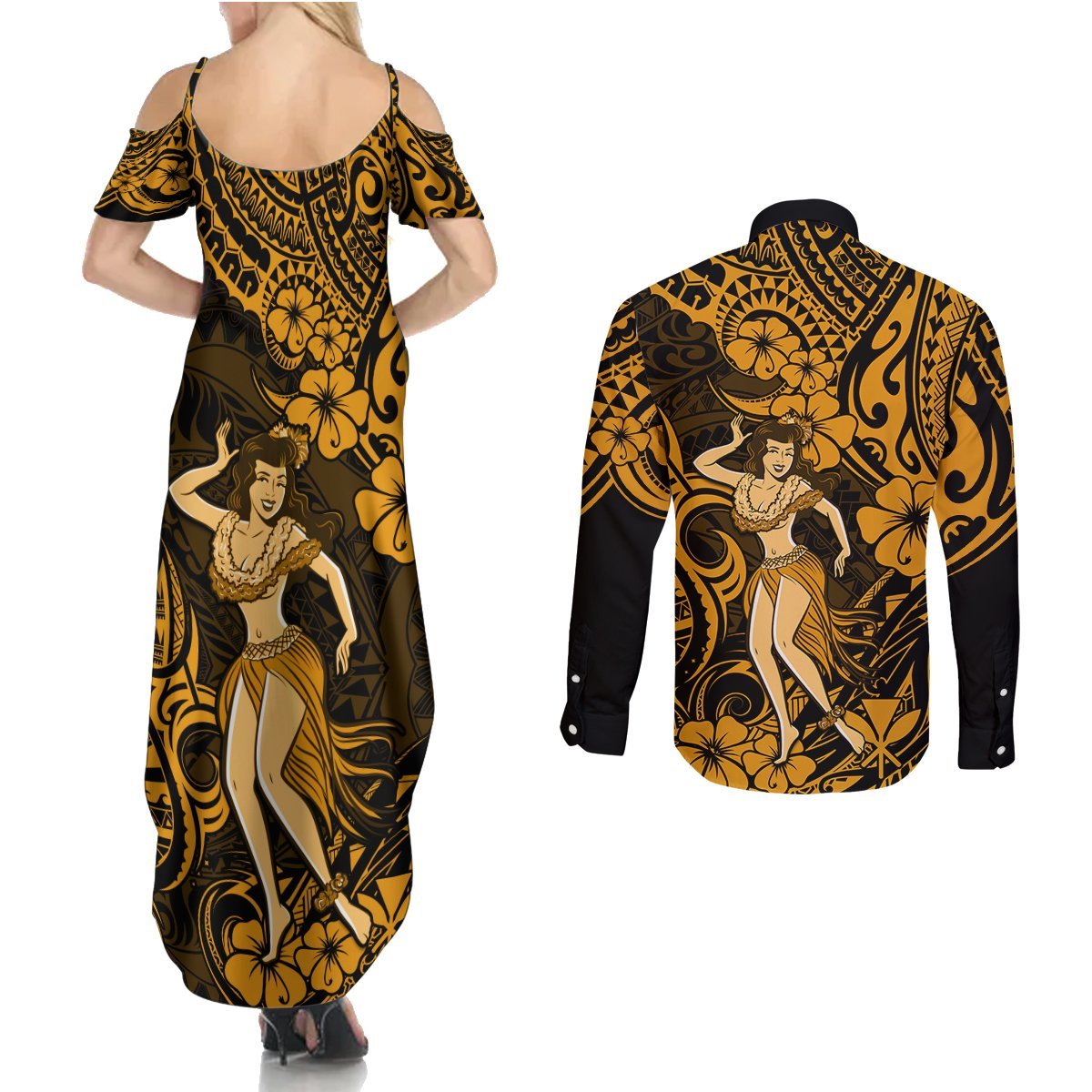 Hawaii Hula Girl Couples Matching Summer Maxi Dress and Long Sleeve Button Shirts Polynesian Pattern Gold Version LT01 - Polynesian Pride