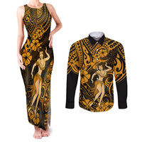 Hawaii Hula Girl Couples Matching Tank Maxi Dress and Long Sleeve Button Shirts Polynesian Pattern Gold Version LT01 Gold - Polynesian Pride