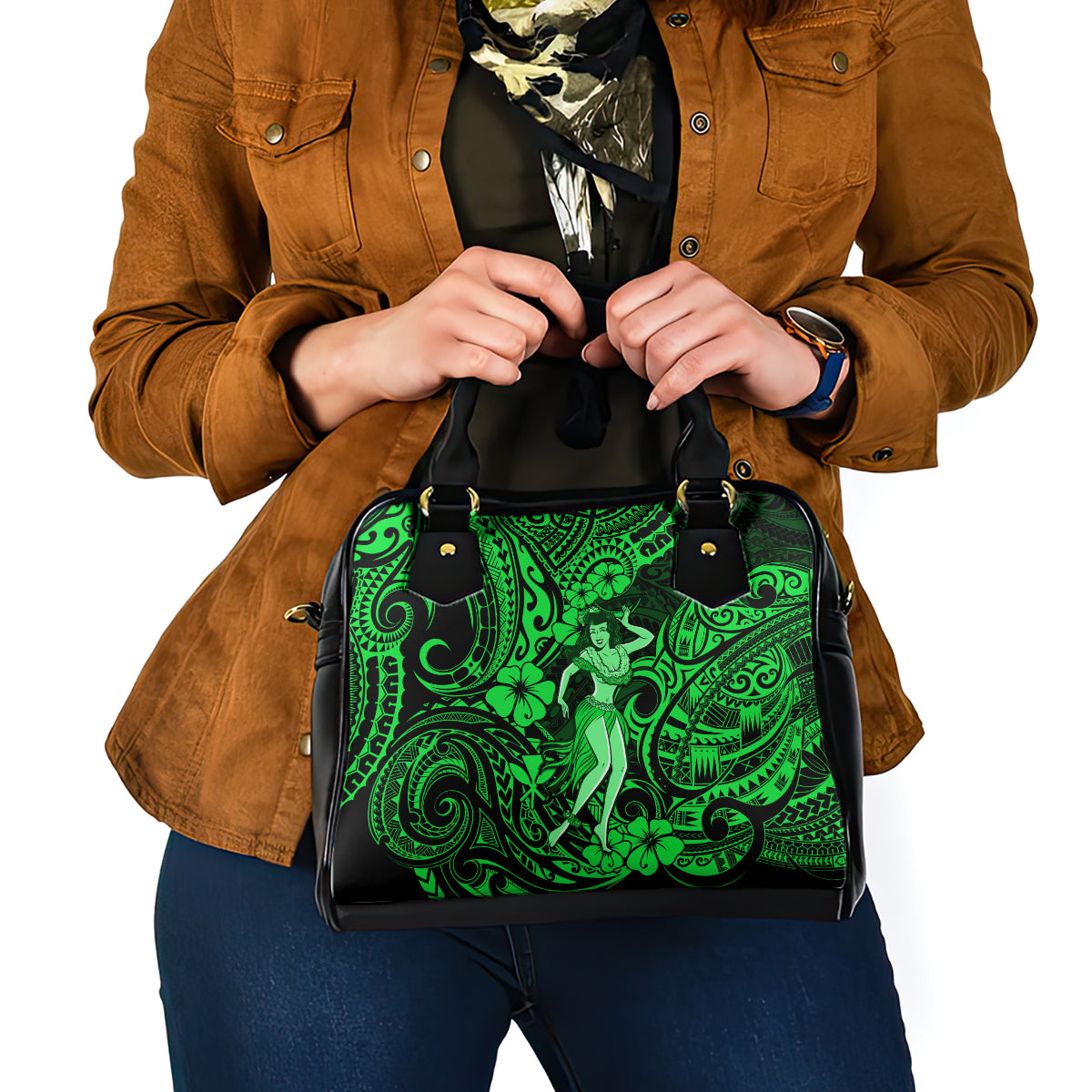 Hawaii Hula Girl Shoulder Handbag Polynesian Pattern Green Version LT01 - Polynesian Pride