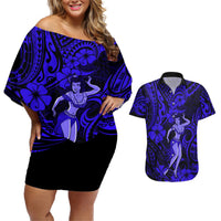Hawaii Hula Girl Couples Matching Off Shoulder Short Dress and Hawaiian Shirt Polynesian Pattern Navy Blue Version LT01 Blue - Polynesian Pride