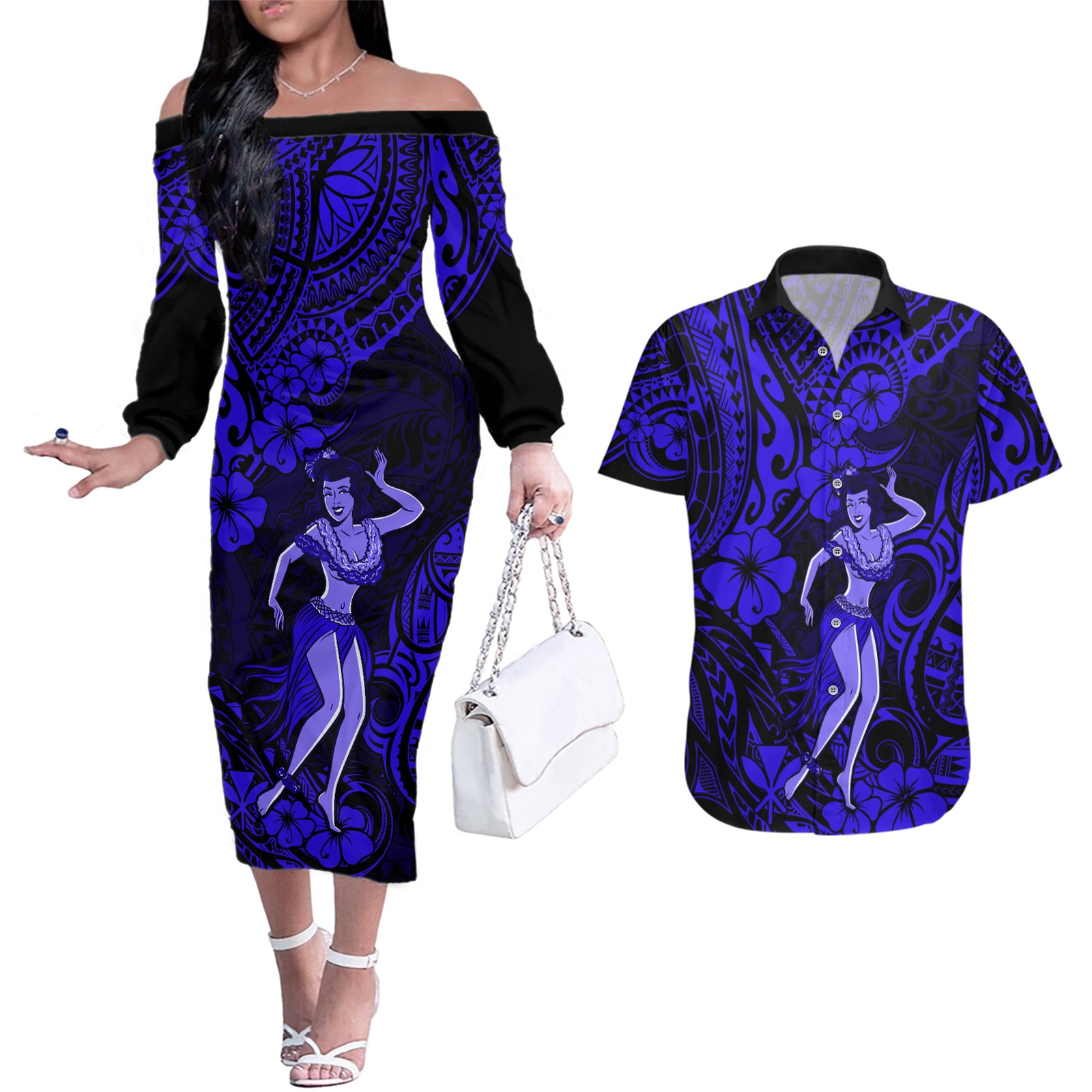 Hawaii Hula Girl Couples Matching Off The Shoulder Long Sleeve Dress and Hawaiian Shirt Polynesian Pattern Navy Blue Version LT01 Blue - Polynesian Pride
