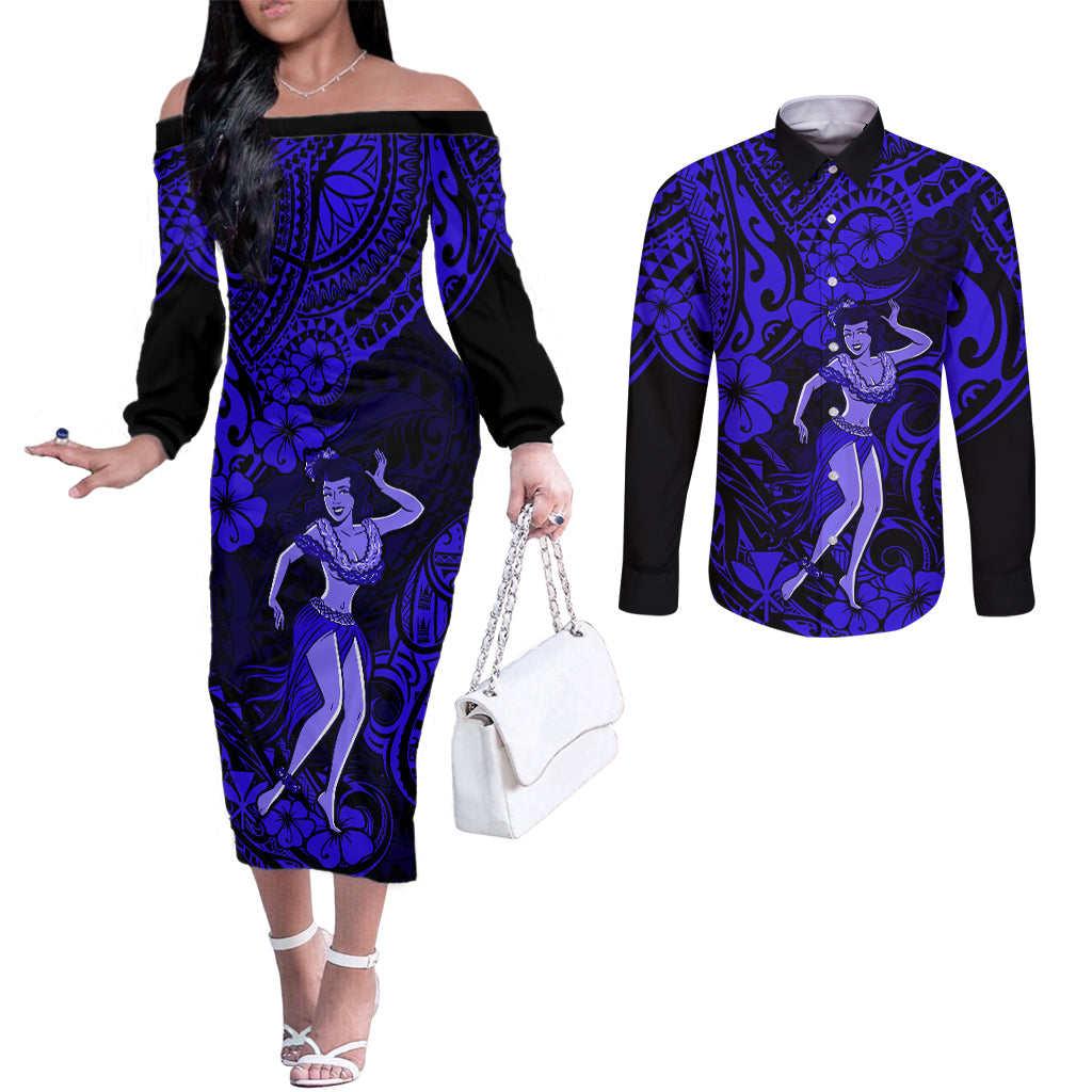 Hawaii Hula Girl Couples Matching Off The Shoulder Long Sleeve Dress and Long Sleeve Button Shirts Polynesian Pattern Navy Blue Version LT01 Blue - Polynesian Pride