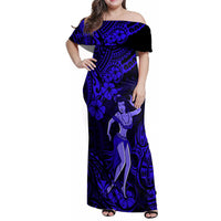 Hawaii Hula Girl Family Matching Off Shoulder Maxi Dress and Hawaiian Shirt Polynesian Pattern Navy Blue Version LT01 Mom's Dress Blue - Polynesian Pride