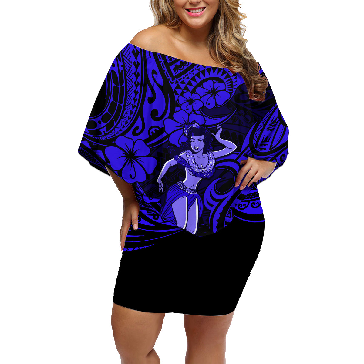 Hawaii Hula Girl Family Matching Off Shoulder Short Dress and Hawaiian Shirt Polynesian Pattern Navy Blue Version LT01 Mom's Dress Blue - Polynesian Pride