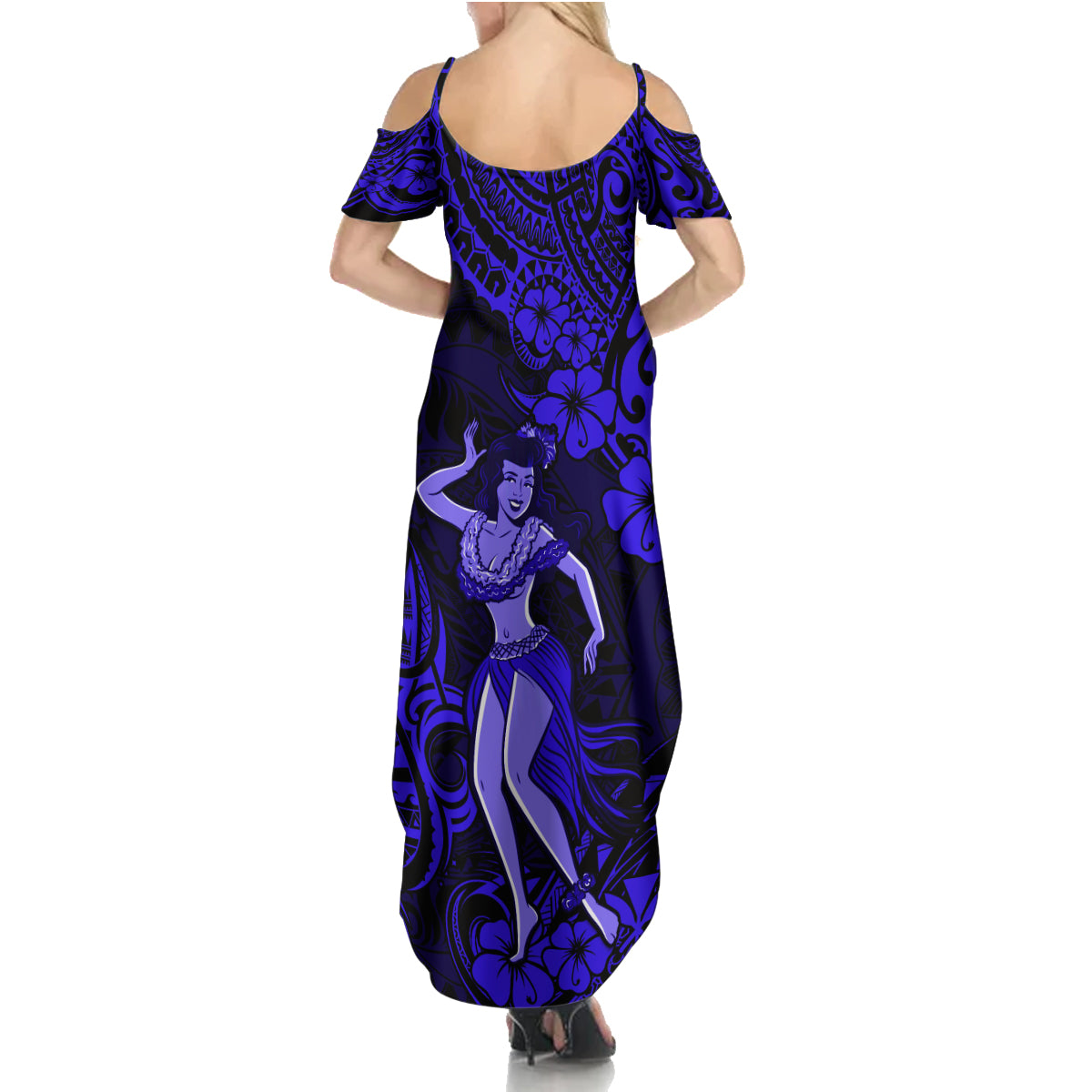 Hawaii Hula Girl Family Matching Summer Maxi Dress and Hawaiian Shirt Polynesian Pattern Navy Blue Version LT01 - Polynesian Pride