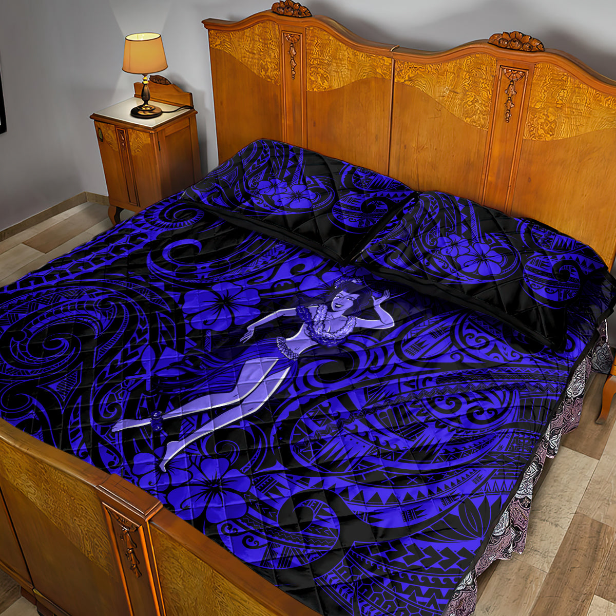 Hawaii Hula Girl Quilt Bed Set Polynesian Pattern Navy Blue Version LT01 - Polynesian Pride