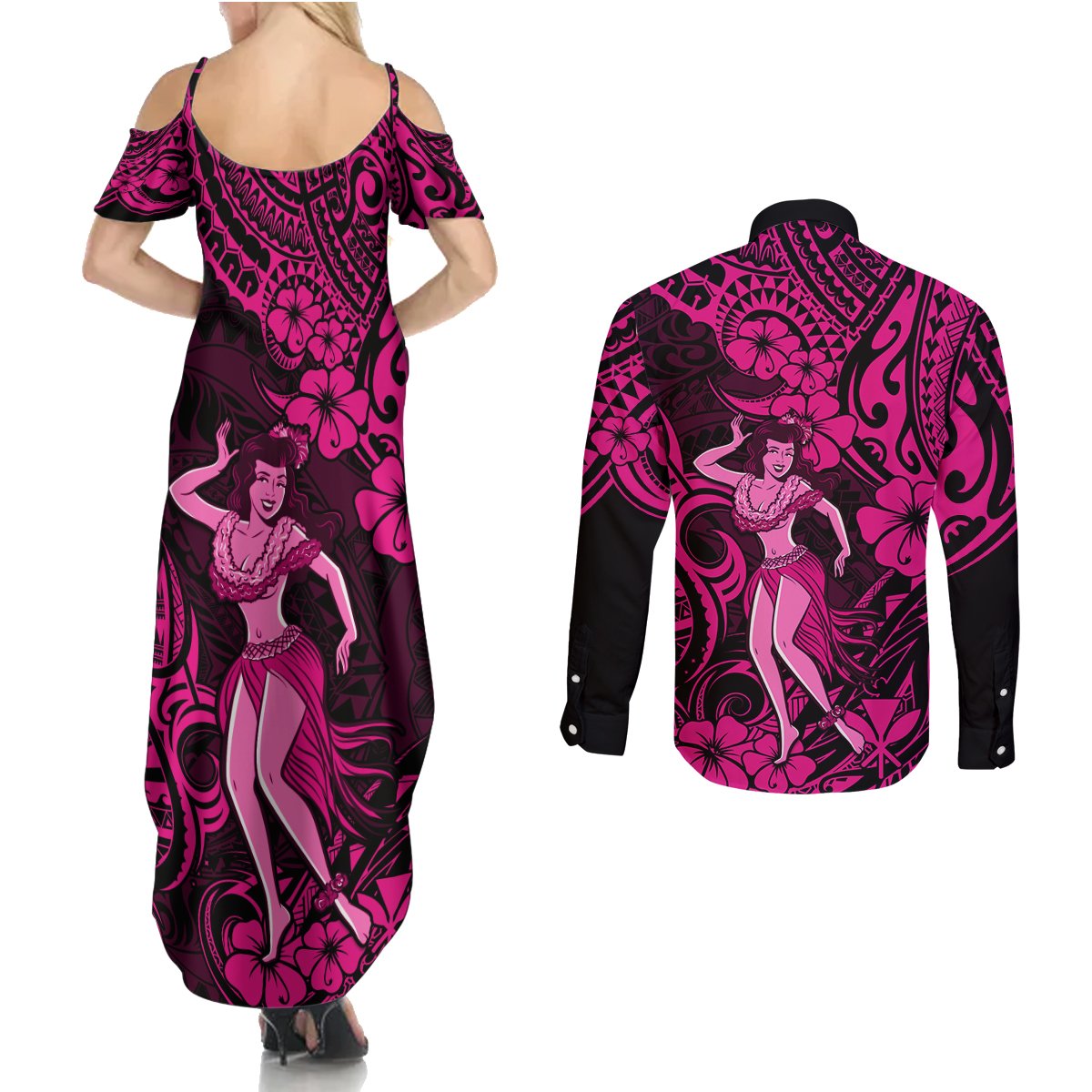 Hawaii Hula Girl Couples Matching Summer Maxi Dress and Long Sleeve Button Shirts Polynesian Pattern Pink Version LT01 - Polynesian Pride