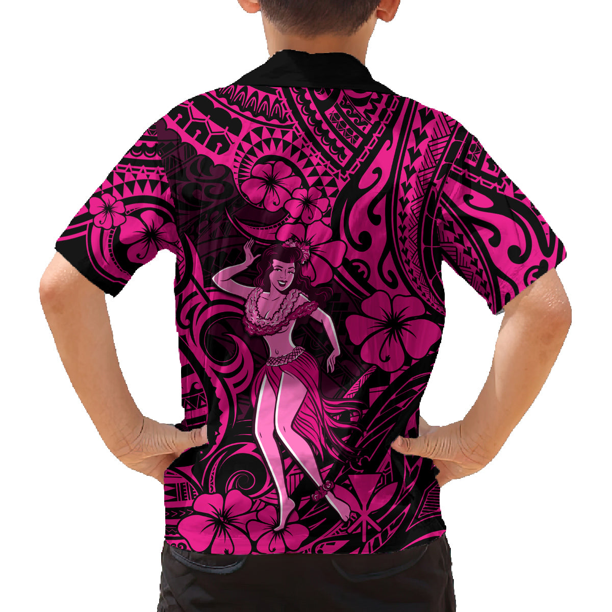 Hawaii Hula Girl Family Matching Off Shoulder Short Dress and Hawaiian Shirt Polynesian Pattern Pink Version LT01 - Polynesian Pride