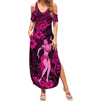Hawaii Hula Girl Family Matching Summer Maxi Dress and Hawaiian Shirt Polynesian Pattern Pink Version LT01 Mom's Dress Pink - Polynesian Pride