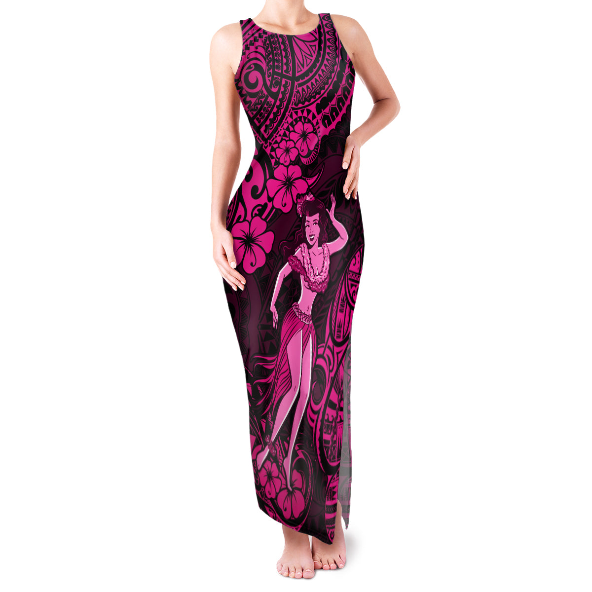 Hawaii Hula Girl Family Matching Tank Maxi Dress and Hawaiian Shirt Polynesian Pattern Pink Version LT01 Mom's Dress Pink - Polynesian Pride