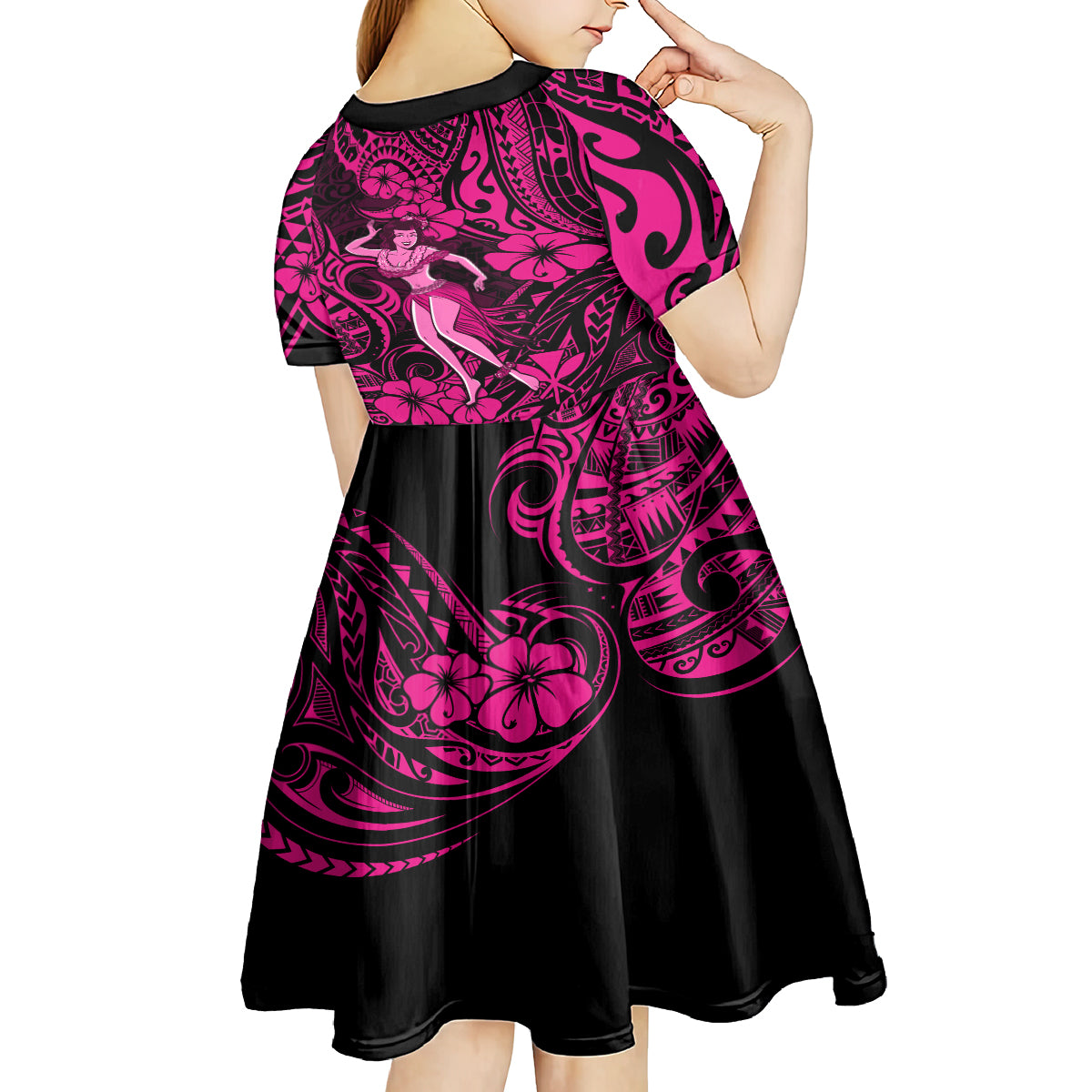Hawaii Hula Girl Kid Short Sleeve Dress Polynesian Pattern Pink Version LT01 - Polynesian Pride