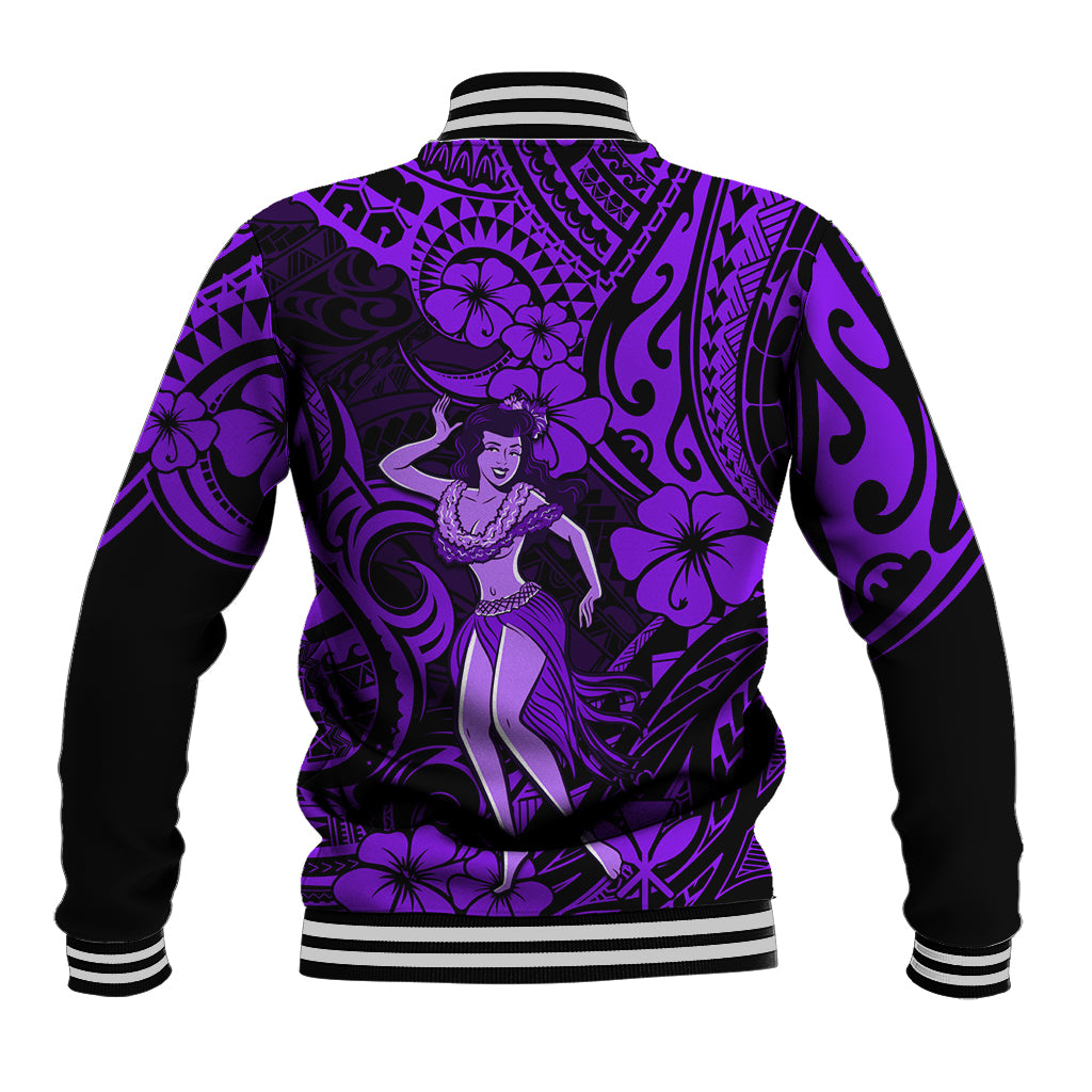 Hawaii Hula Girl Baseball Jacket Hibiscus Hawaii Tribal Tattoo Purple Version LT01 - Polynesian Pride