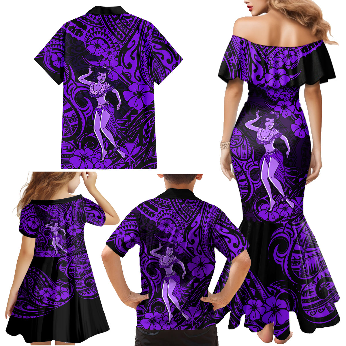 Hawaii Hula Girl Family Matching Mermaid Dress and Hawaiian Shirt Hibiscus Hawaii Tribal Tattoo Purple Version LT01 - Polynesian Pride