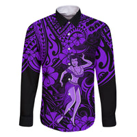 Hawaii Hula Girl Family Matching Summer Maxi Dress and Hawaiian Shirt Hibiscus Hawaii Tribal Tattoo Purple Version LT01 Dad's Shirt - Long Sleeve Purple - Polynesian Pride