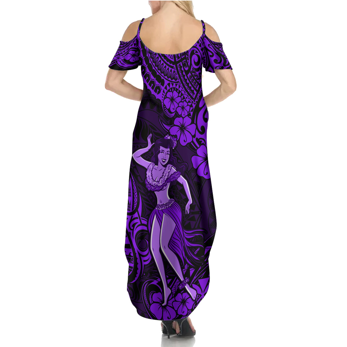 Hawaii Hula Girl Family Matching Summer Maxi Dress and Hawaiian Shirt Hibiscus Hawaii Tribal Tattoo Purple Version LT01 - Polynesian Pride