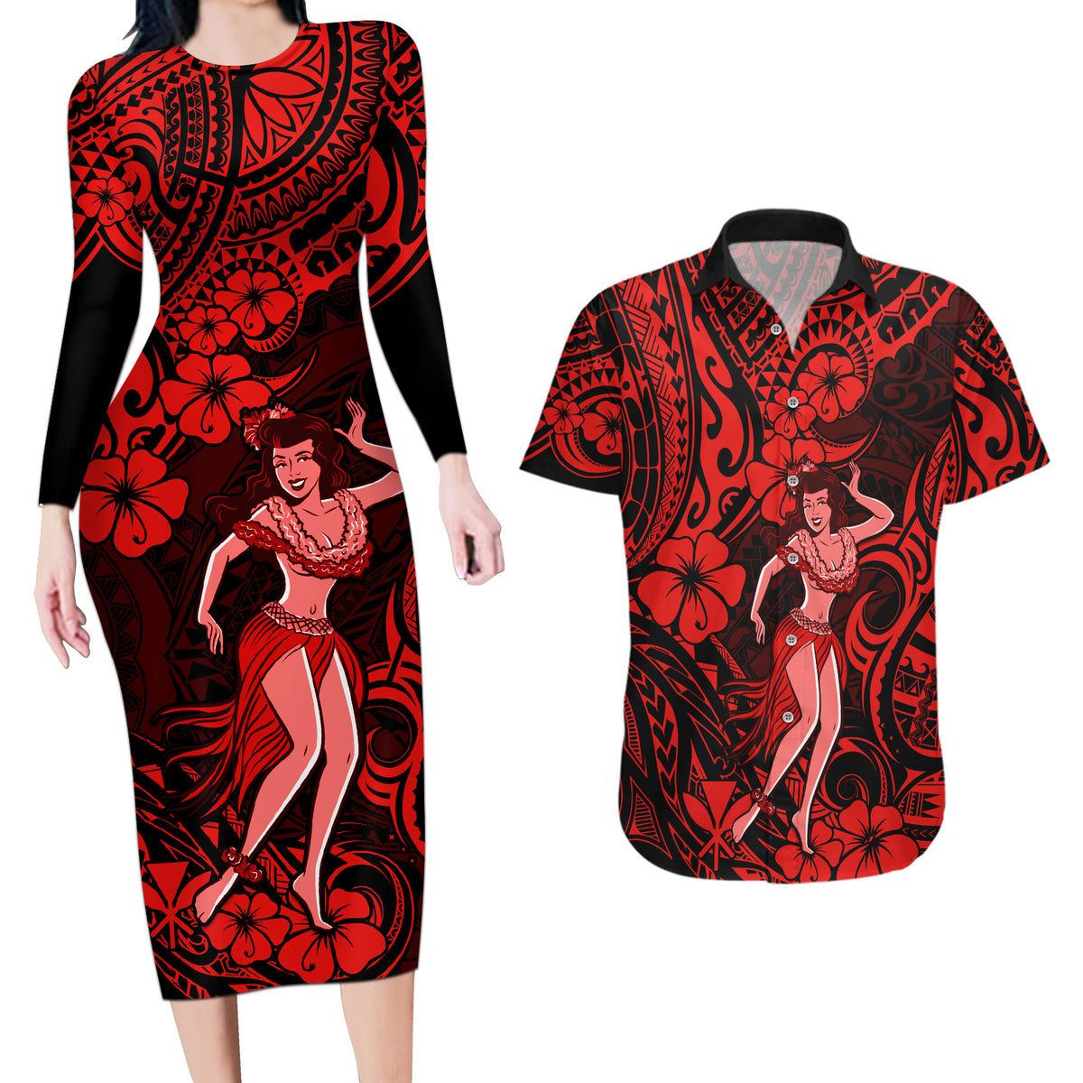 Hawaii Hula Girl Couples Matching Long Sleeve Bodycon Dress and Hawaiian Shirt Hibiscus Hawaii Tribal Tattoo Red Version LT01 Red - Polynesian Pride