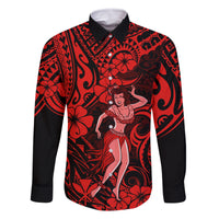 Hawaii Hula Girl Family Matching Long Sleeve Bodycon Dress and Hawaiian Shirt Hibiscus Hawaii Tribal Tattoo Red Version LT01 Dad's Shirt - Long Sleeve Red - Polynesian Pride
