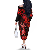 Hawaii Hula Girl Family Matching Off Shoulder Long Sleeve Dress and Hawaiian Shirt Hibiscus Hawaii Tribal Tattoo Red Version LT01 - Polynesian Pride