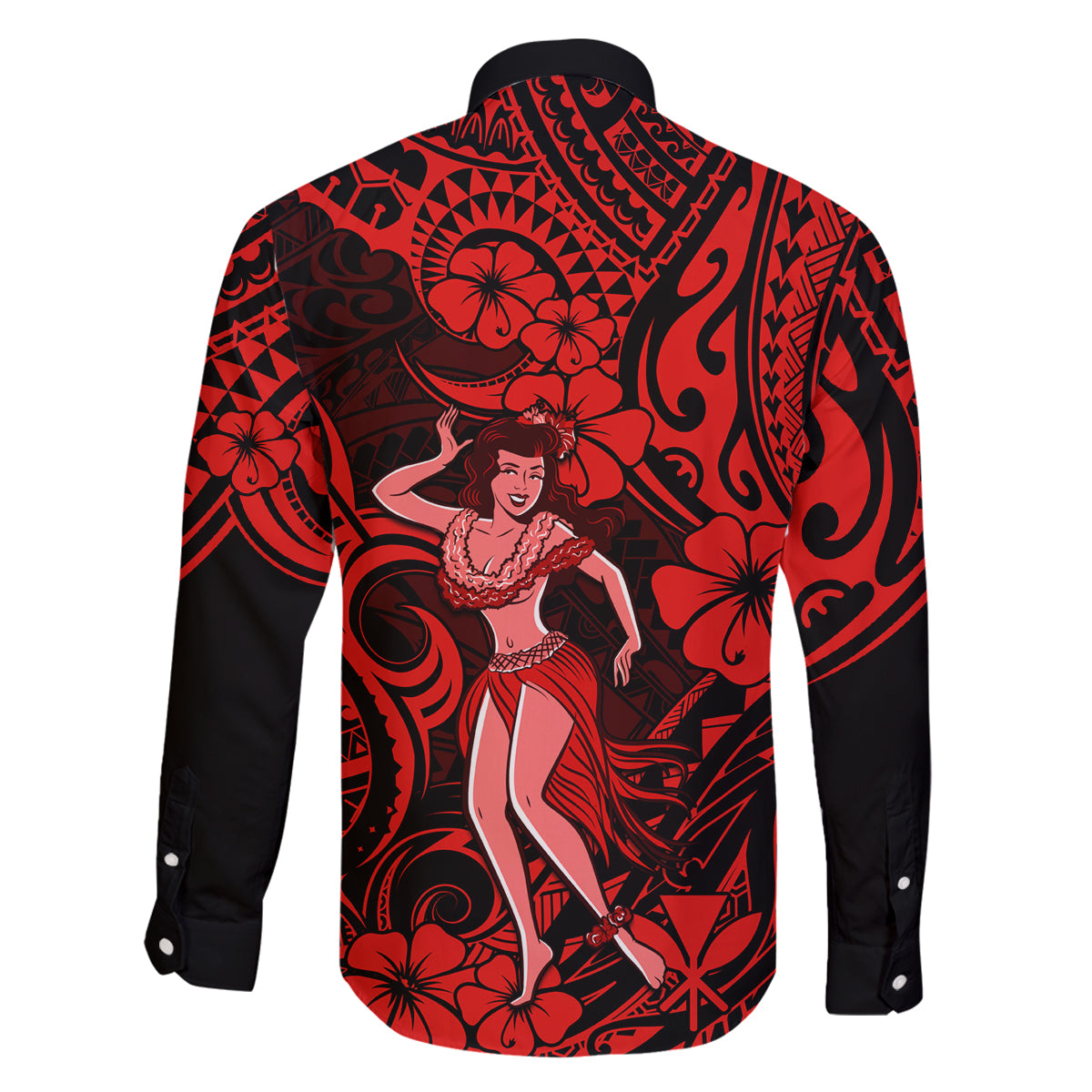 Hawaii Hula Girl Family Matching Off Shoulder Short Dress and Hawaiian Shirt Hibiscus Hawaii Tribal Tattoo Red Version LT01 - Polynesian Pride