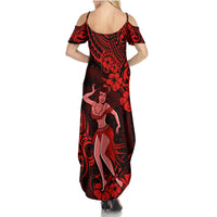 Hawaii Hula Girl Family Matching Summer Maxi Dress and Hawaiian Shirt Hibiscus Hawaii Tribal Tattoo Red Version LT01 - Polynesian Pride