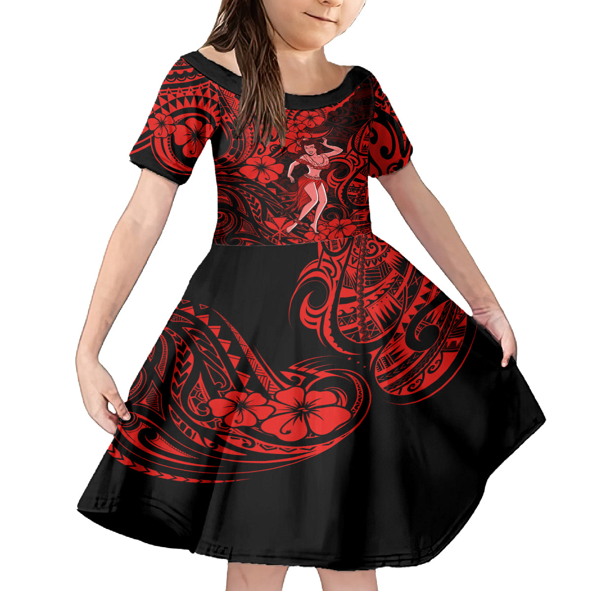 Hawaii Hula Girl Kid Short Sleeve Dress Hibiscus Hawaii Tribal Tattoo Red Version LT01 KID Red - Polynesian Pride