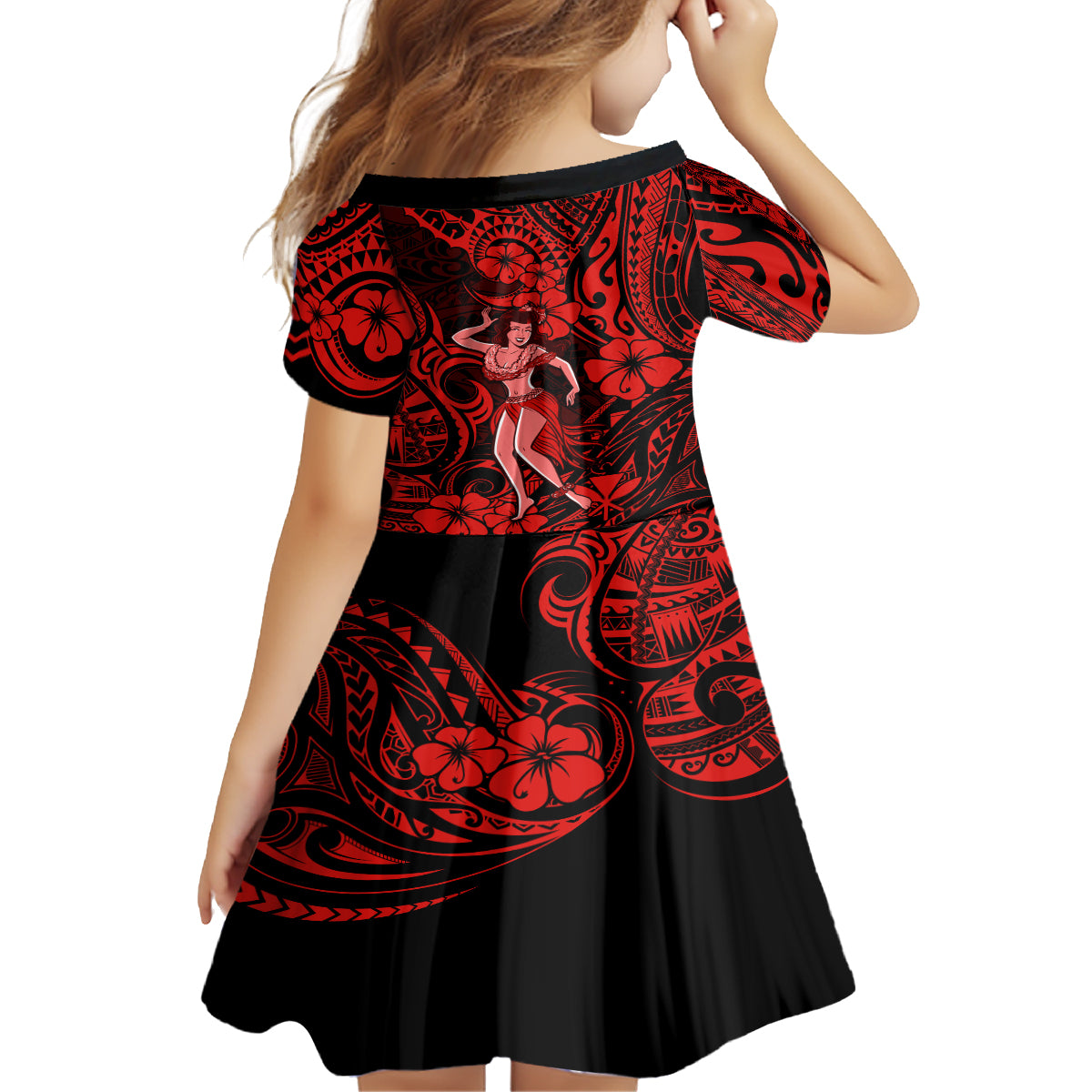 Hawaii Hula Girl Kid Short Sleeve Dress Hibiscus Hawaii Tribal Tattoo Red Version LT01 - Polynesian Pride