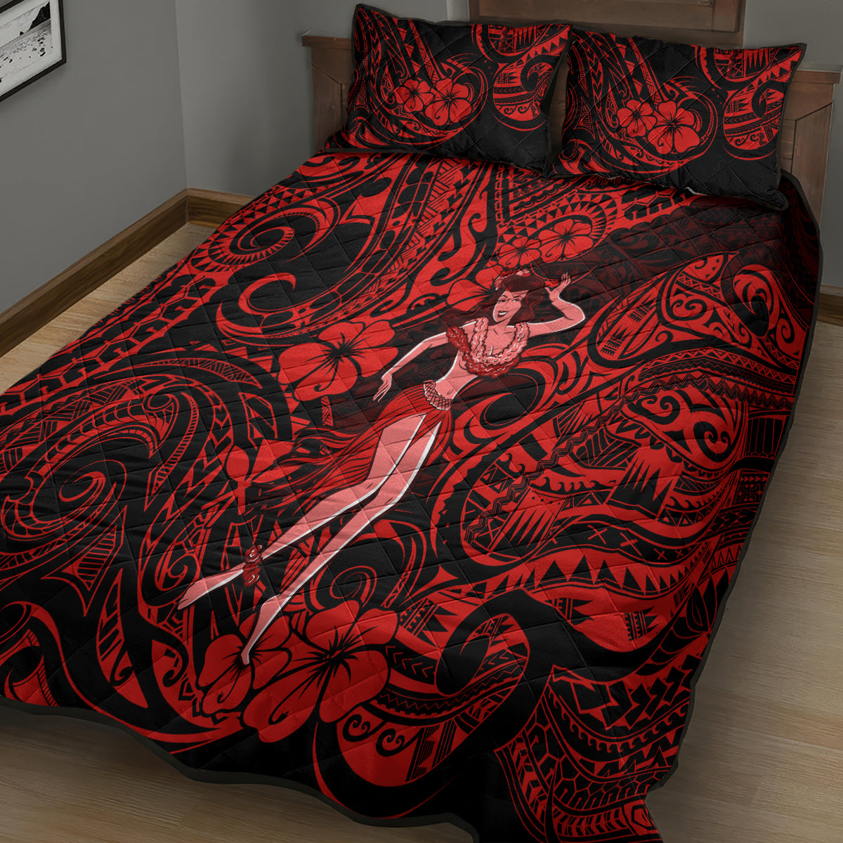 Hawaii Hula Girl Quilt Bed Set Hibiscus Hawaii Tribal Tattoo Red Version LT01 - Polynesian Pride