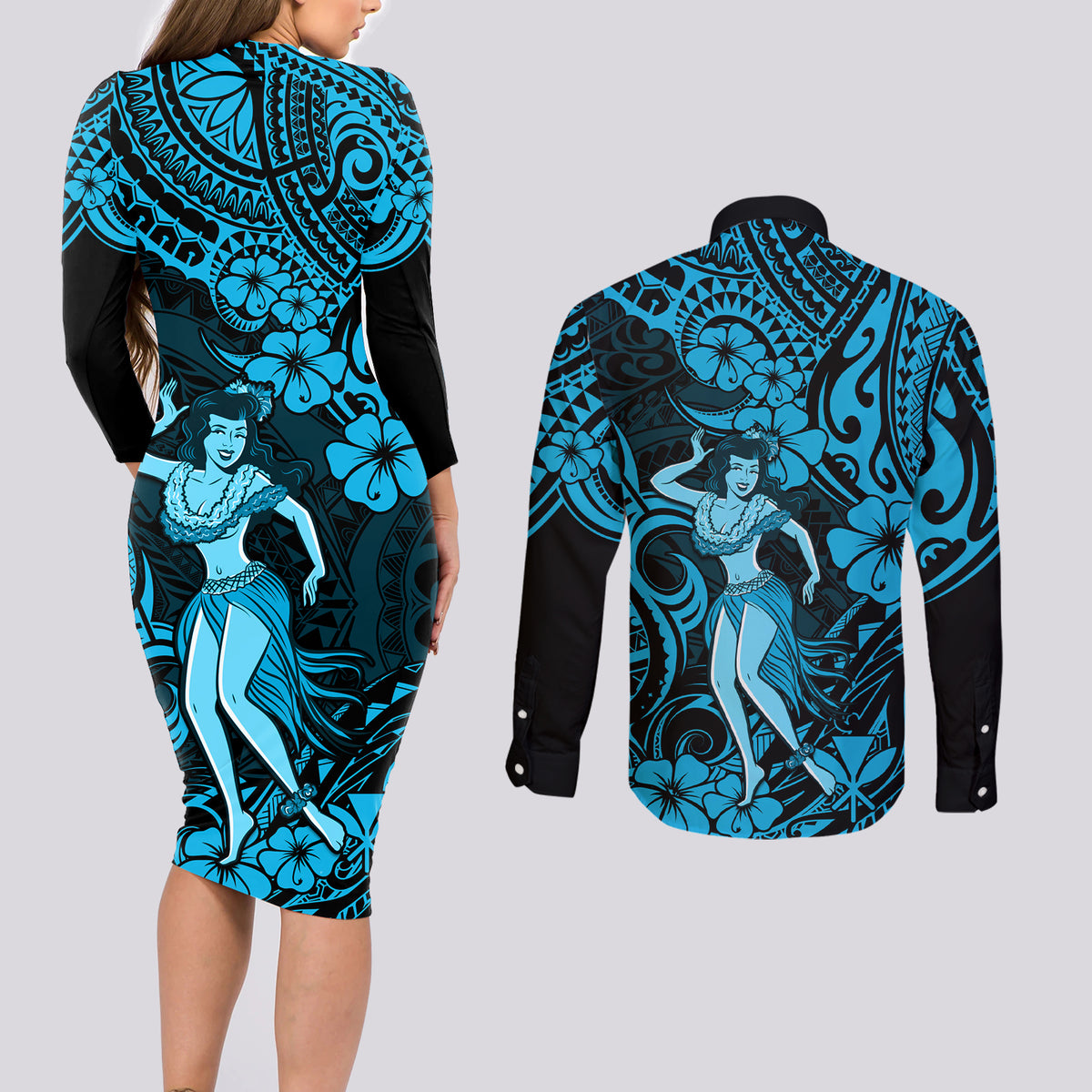Hawaii Hula Girl Couples Matching Long Sleeve Bodycon Dress and Long Sleeve Button Shirts Hibiscus Hawaii Tribal Tattoo Sky Blue Version LT01 - Polynesian Pride