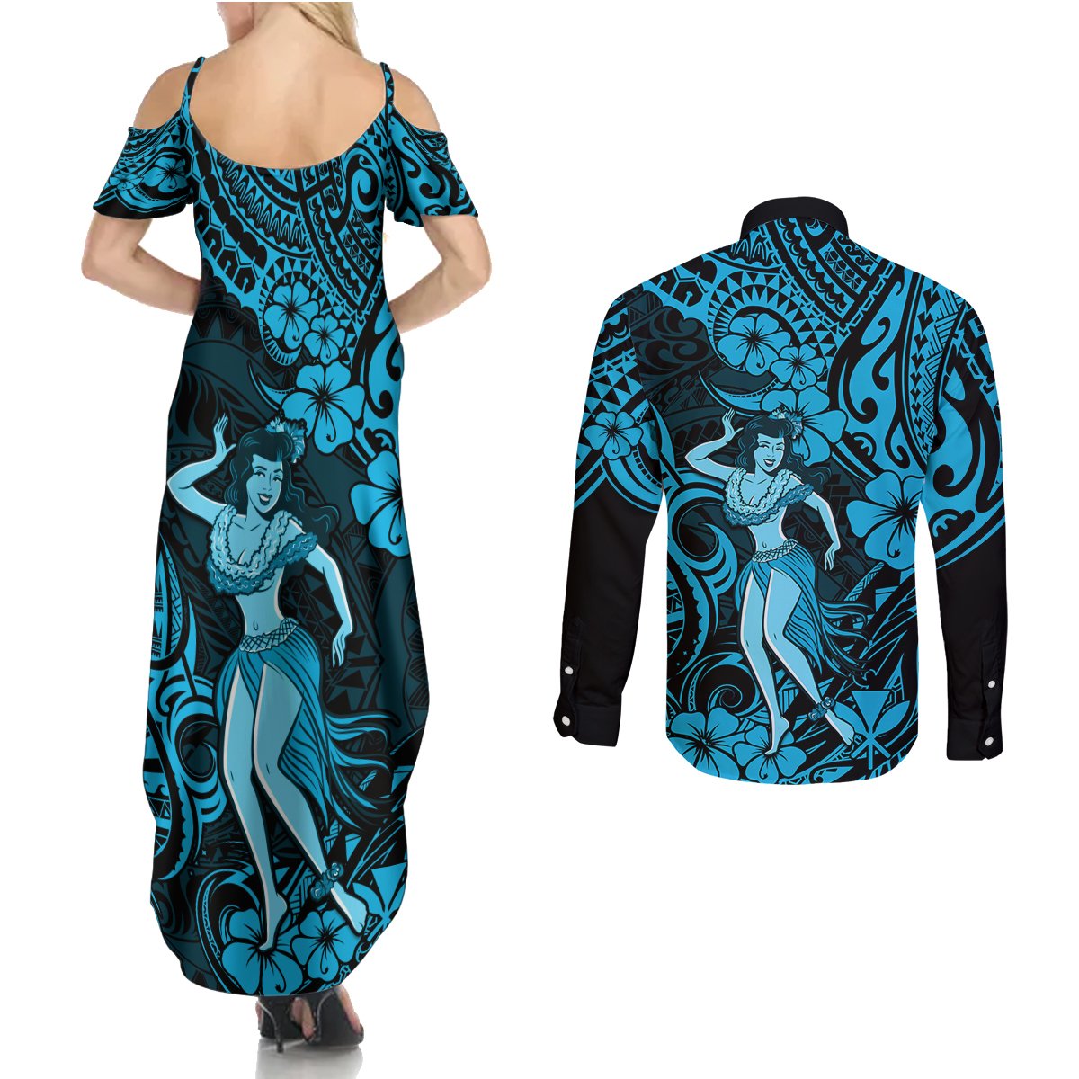 Hawaii Hula Girl Couples Matching Summer Maxi Dress and Long Sleeve Button Shirts Hibiscus Hawaii Tribal Tattoo Sky Blue Version LT01 - Polynesian Pride