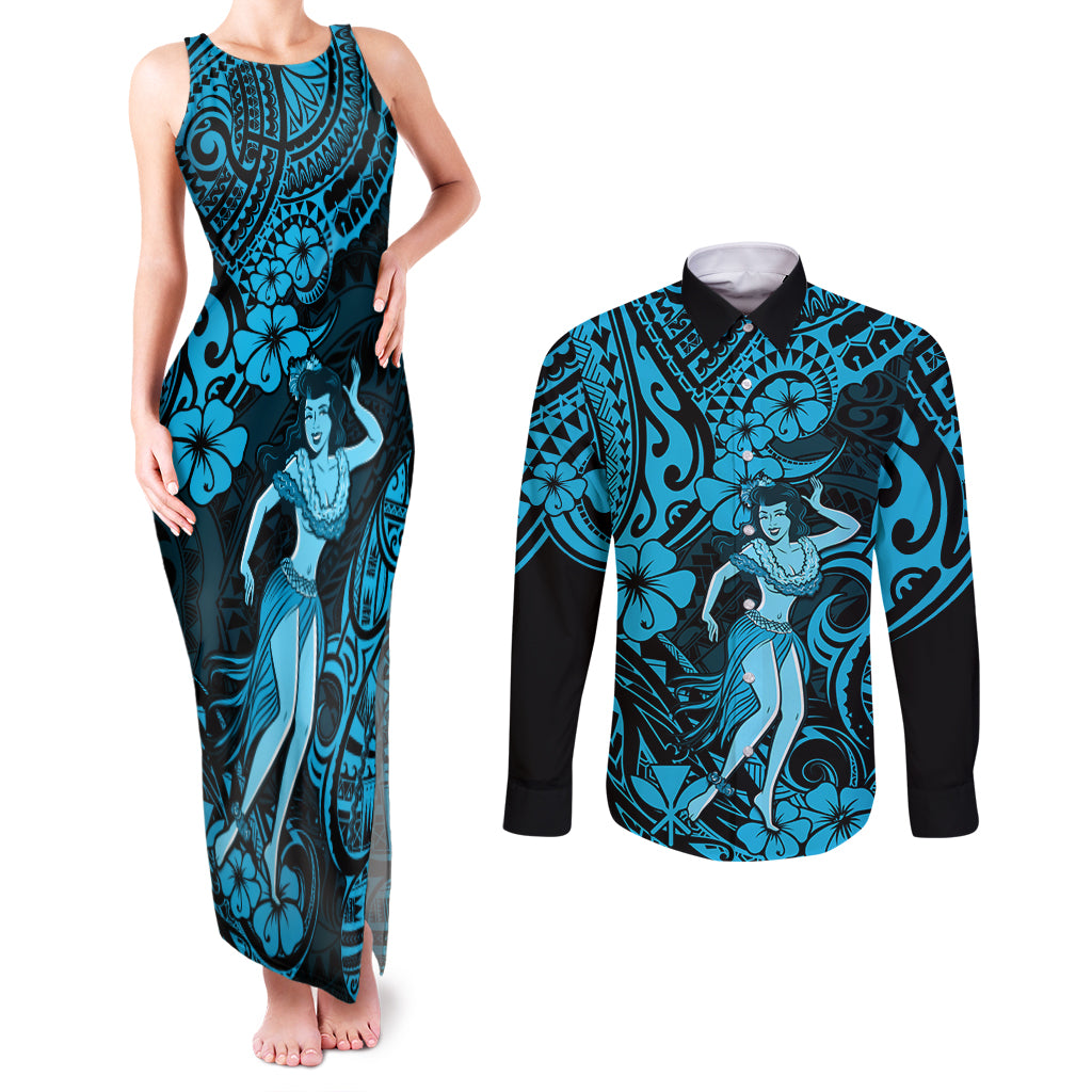 Hawaii Hula Girl Couples Matching Tank Maxi Dress and Long Sleeve Button Shirts Hibiscus Hawaii Tribal Tattoo Sky Blue Version LT01 Blue - Polynesian Pride